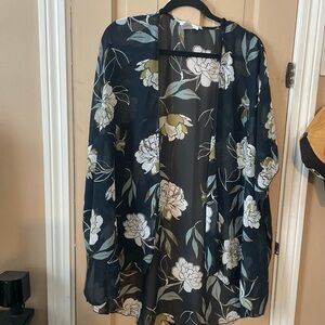 EMORY PARK Blue Floral Open Front Kimono Top Size Large Sheer Short Sleeve